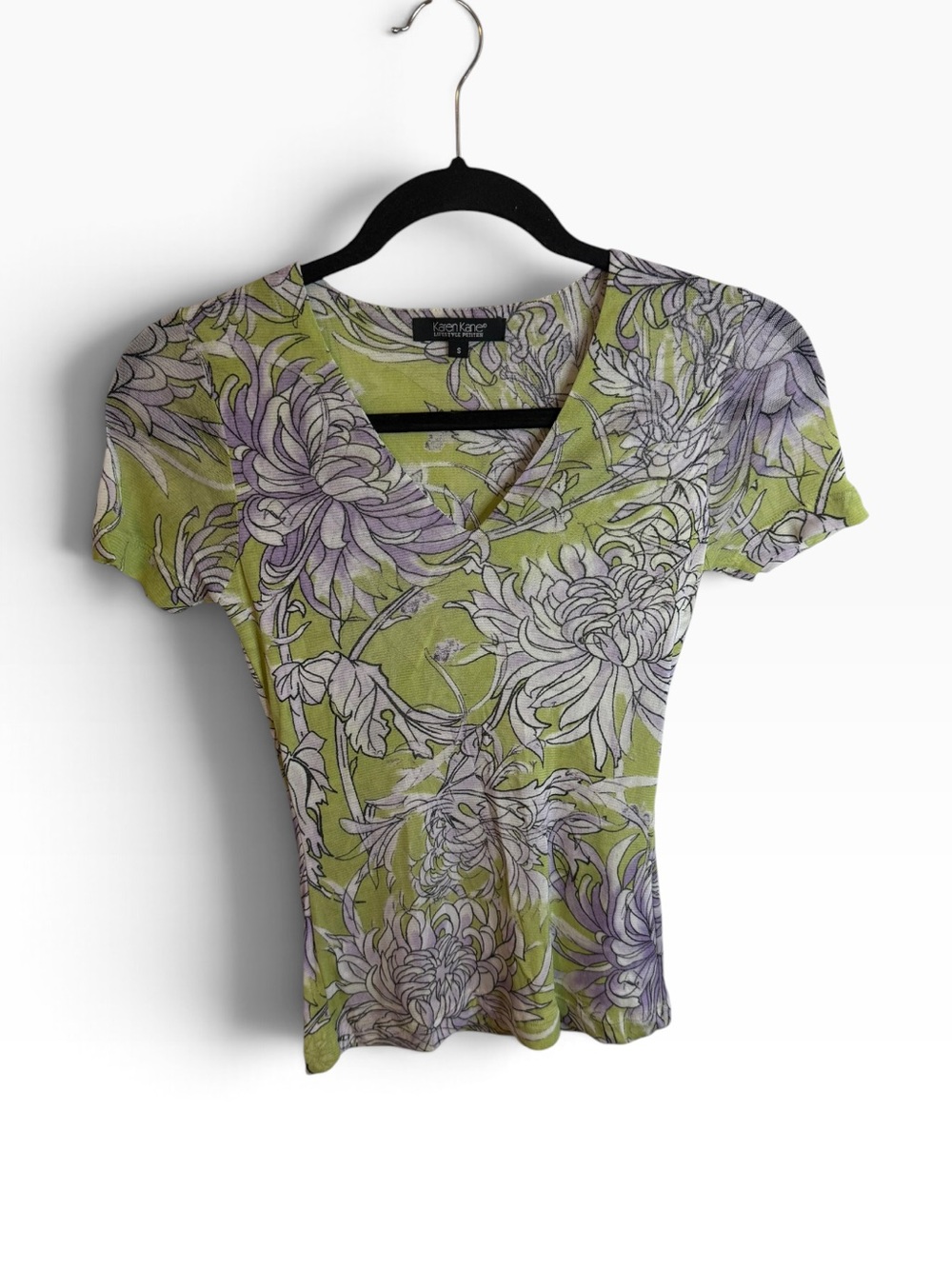 Karen Kane Purple and Green Floral Mesh Y2K V-Neck Tee